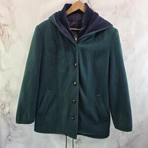 Vintage Coat Womens Medium 90s Wool Hooded Colorblock Navy Green Dark Forest
